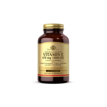 A bottle of Solgar's Vitamin E 670 MG (1000 IU) Mixed 100 Softgels, known for its antioxidant power and cardiovascular protection, is displayed on a clean white background.